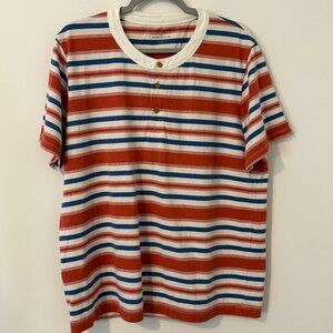 L.L. Bean Signature Men's Large‎ Striped Henley Shirt Red White Blue 100% Cotton